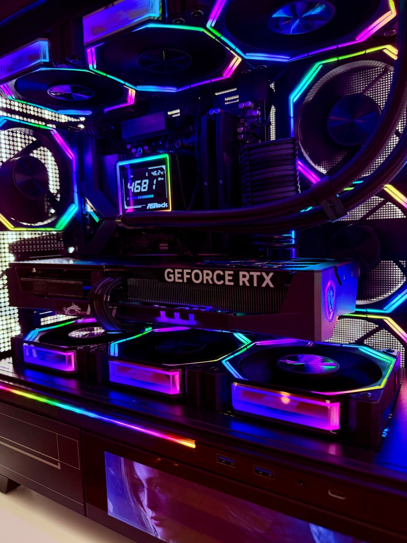 Close-up of a GeForce RTX graphics card surrounded by multicolour RGB fans