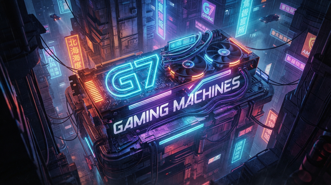 G7 Gaming Machines — neon gaming hardware above a futuristic city
